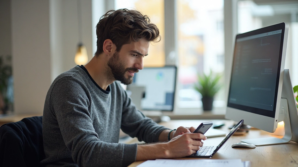 Designer arbeitet an responsivem Layout auf mehreren Geräten mit Tablet und Smartphone